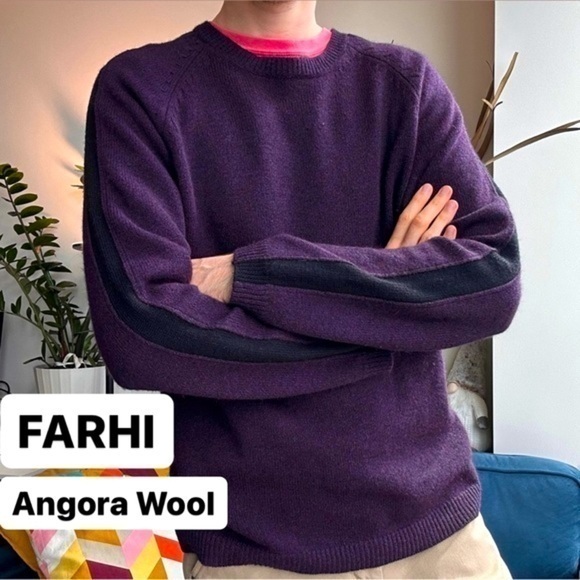 🔥Clearance🔥 FARHI Wool Angora Dark Purple Crewneck Long Sleeve Sweater L - Picture 1 of 12